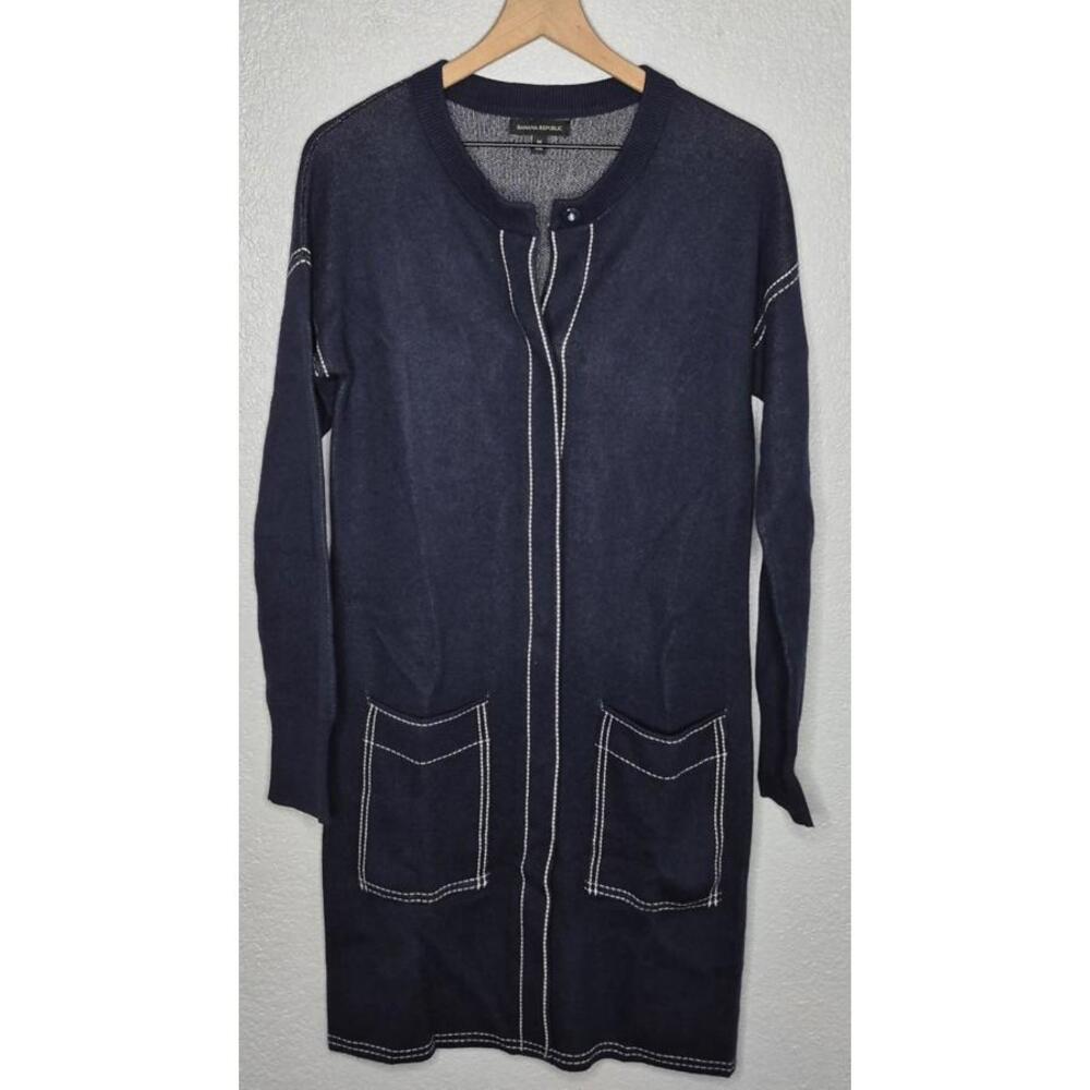 Banana Republic Cardigan Womens M Navy Merino Wool Blend White Stitch/ No Belt